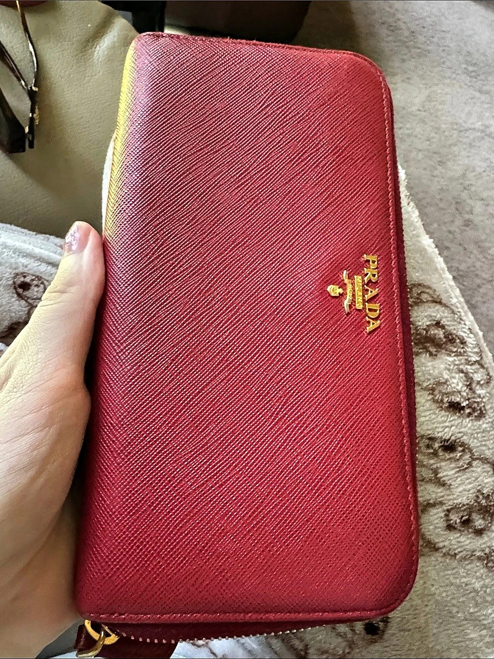 Prada Saffiano with COA Leather Zip-Around Wallet Red
